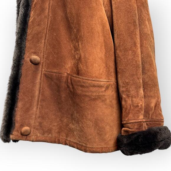 Vintage 1990's Chestnut Brown Suede Womens Coat with Black Faux Fur Lining Small - Picture 5 of 9